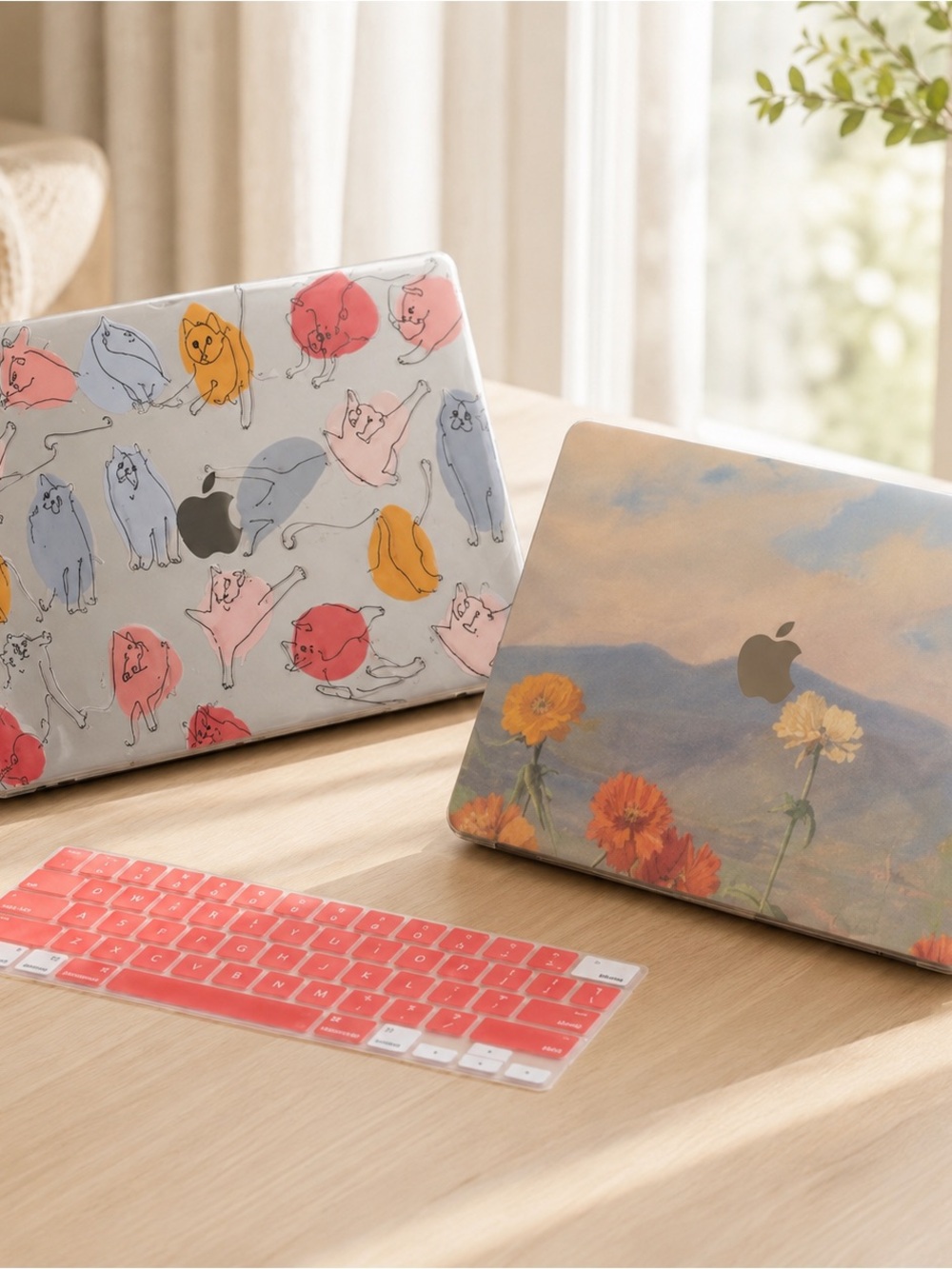 Apple MacBook Skin Case with Floral and Cat Designs - Multi-Color
